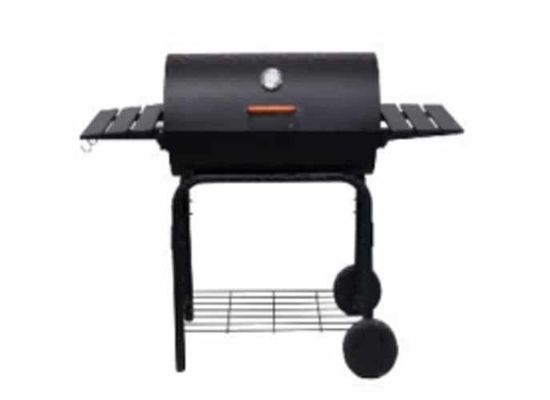 OEM गोल बैरल प्रकार BBQ ग्रिल्स आउटडोर ट्रॉली मूवेबल बड़े चारकोल बारबेक्यू ग्रिल्स साइड पैनल के साथ